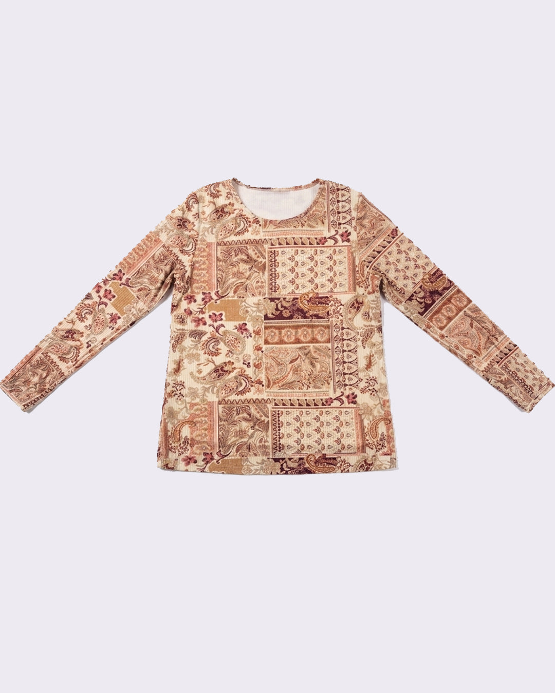 MAX paisley patchwork mesh top for women in beige and burgundy tones with long sleeves premium stock fashion KPT