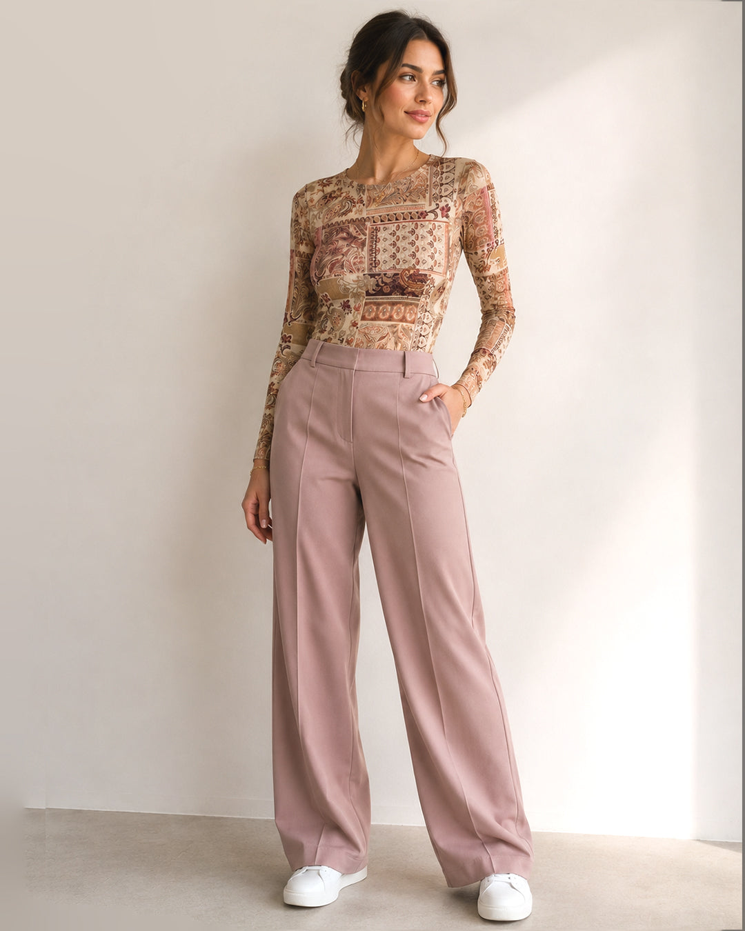 MAX paisley patchwork mesh top for women in beige and burgundy tones with long sleeves premium stock fashion KPT Egypt