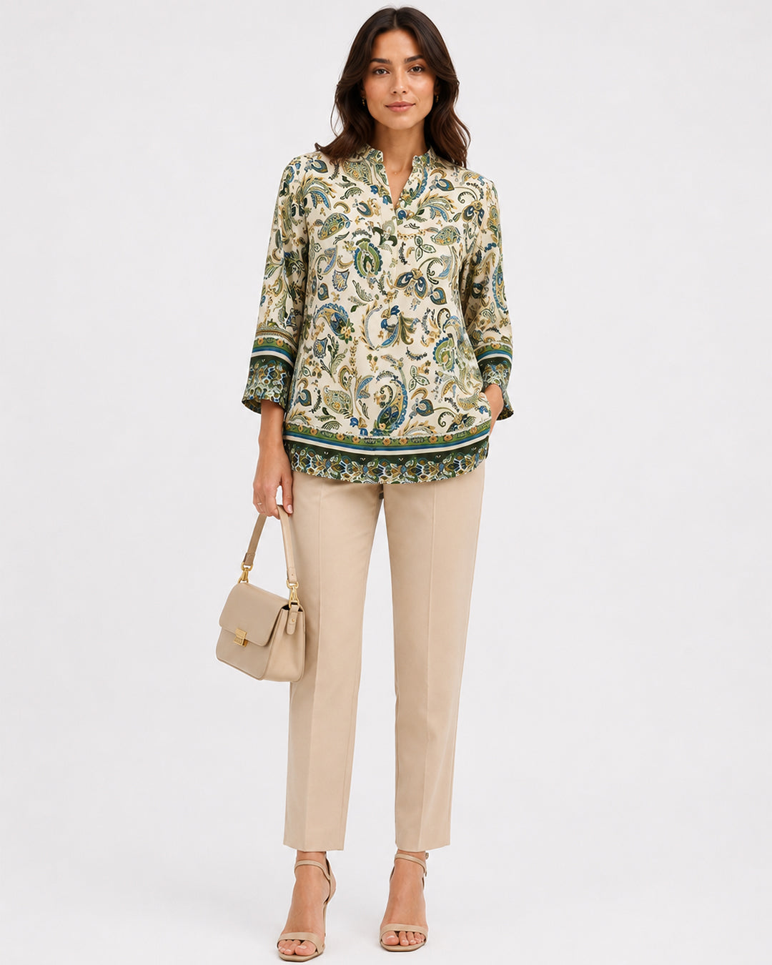 MAX paisley print tunic top for women in green blue and ivory with botanical pattern premium stock fashion KPT Egypt
