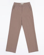 A pair of straight-leg trousers in a muted taupe-dusty pink color, laid flat against a clean white background.
