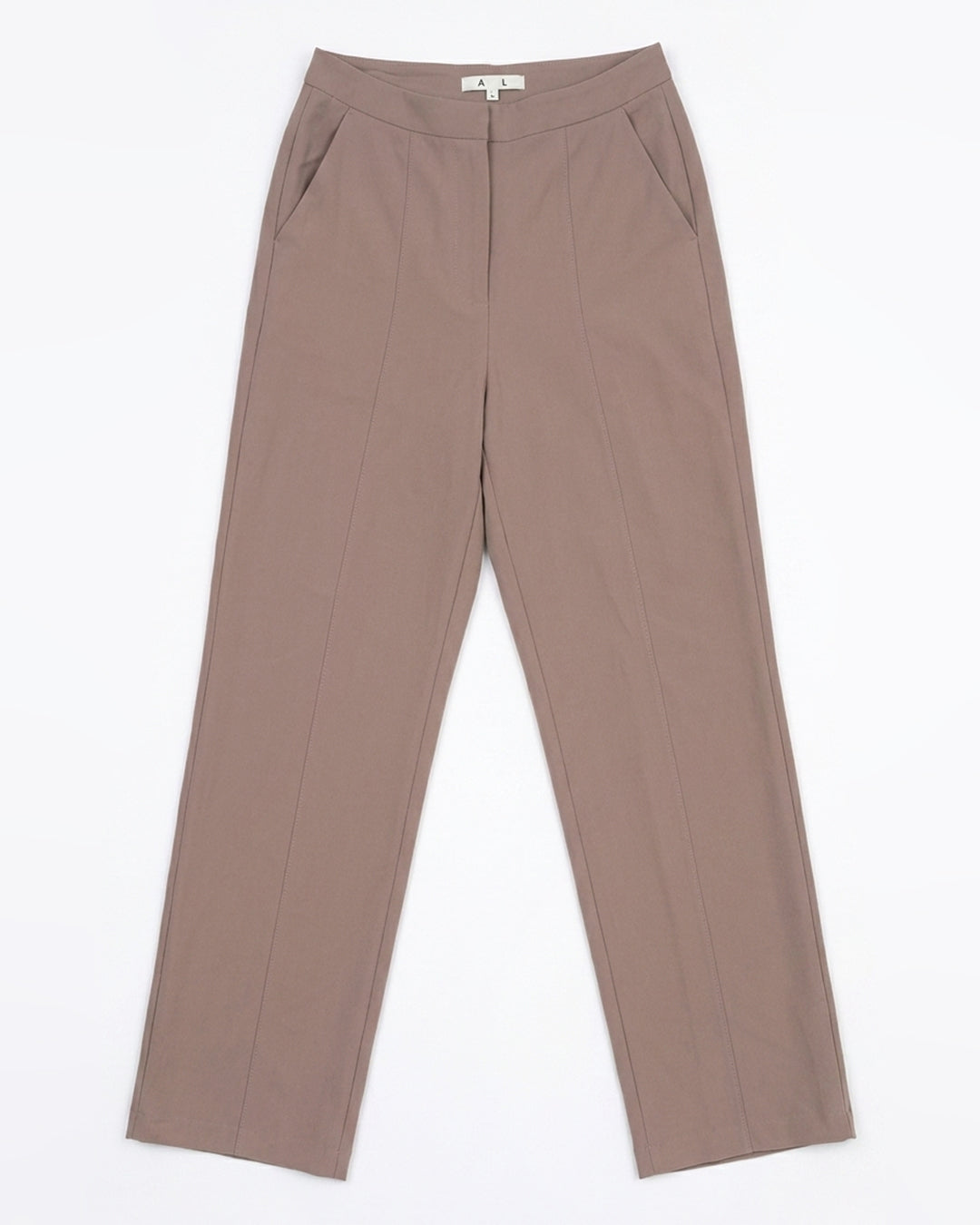 A pair of straight-leg trousers in a muted taupe-dusty pink color, laid flat against a clean white background.