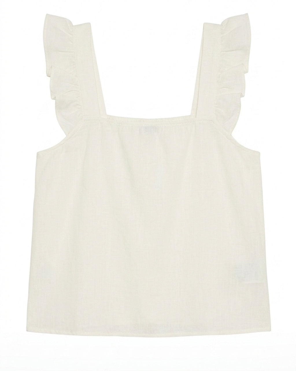 An off-white sleeveless top with ruffled shoulder straps and a square neckline, shown flat against a white background.