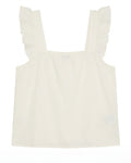 An off-white sleeveless top with ruffled shoulder straps and a square neckline, shown flat against a white background.
