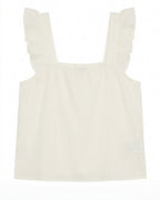 An off-white sleeveless top with ruffled shoulder straps and a square neckline, shown flat against a white background.