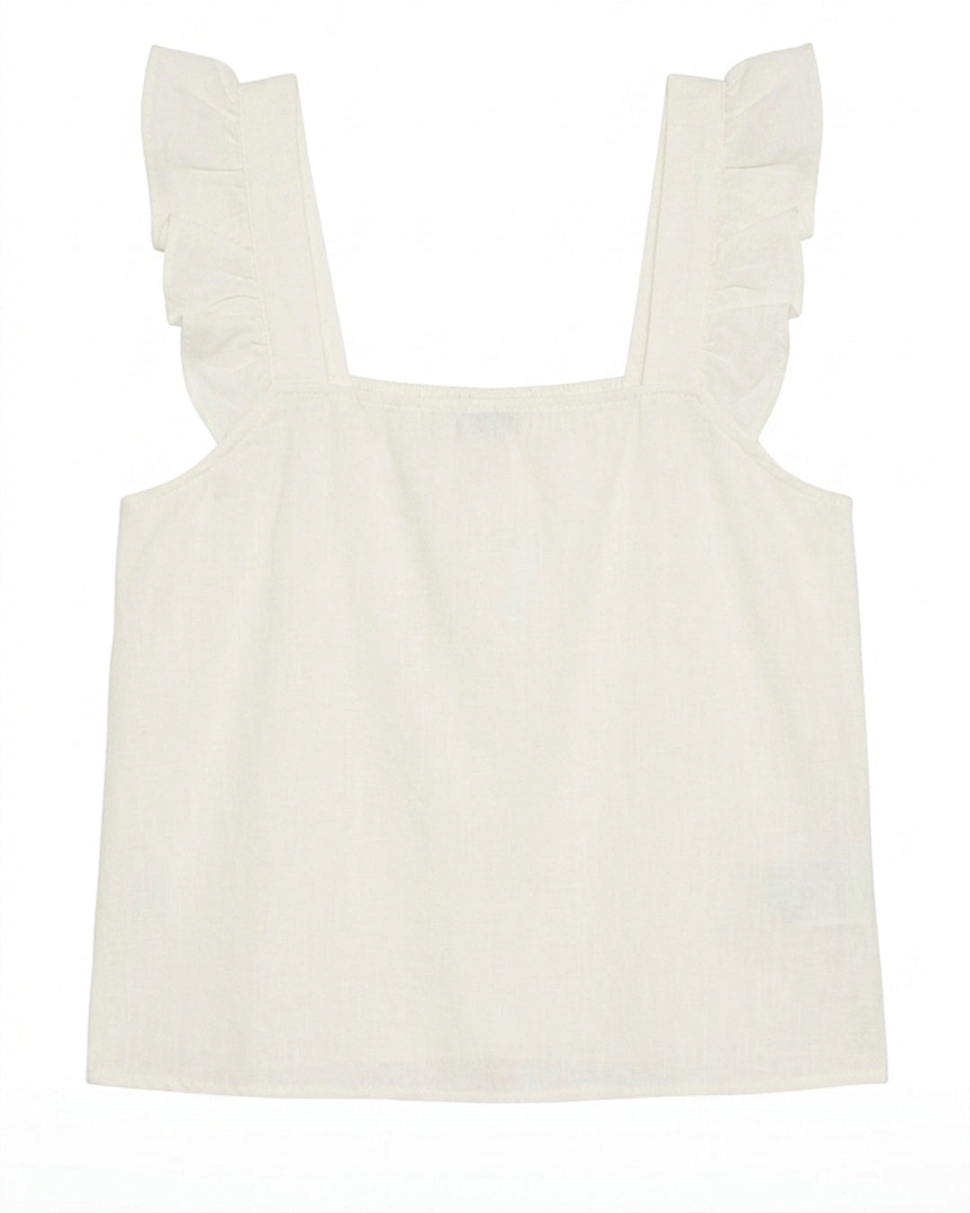An off-white sleeveless top with ruffled shoulder straps and a square neckline, shown flat against a white background.