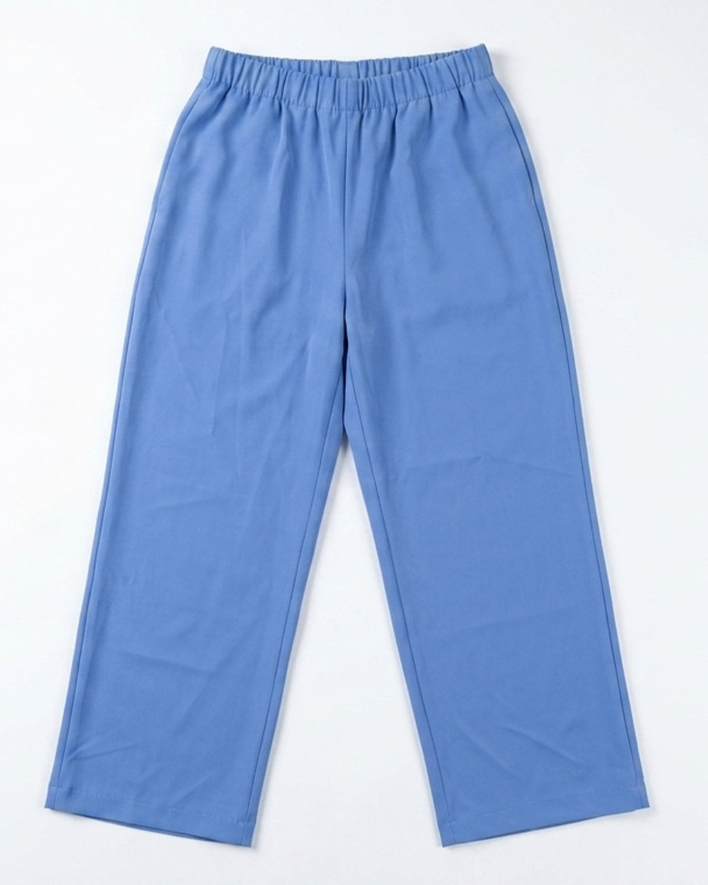 A pair of light blue  pants with an elastic waistband, laid flat against a white background.