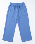 A pair of light blue  pants with an elastic waistband, laid flat against a white background.