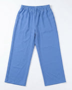 A pair of light blue  pants with an elastic waistband, laid flat against a white background.