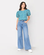 MAX Blue Animal Print Puff Sleeve Blouse