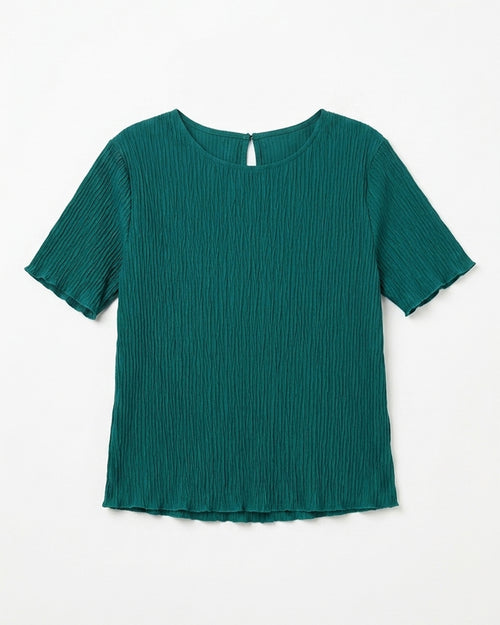 MAX emerald green textured polyester top for women with short sleeves premium stock fashion KPT 