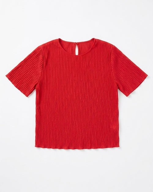 MAX emerald red textured polyester top for women with short sleeves premium stock fashion KPT 