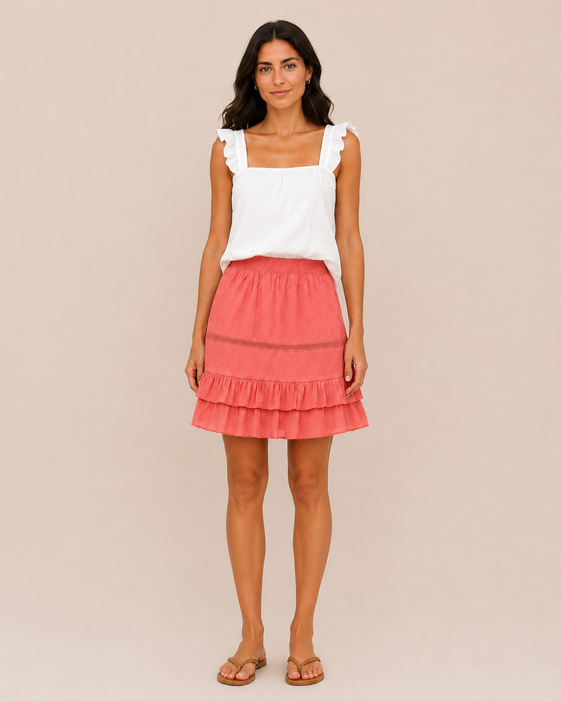 VERO MODA coral cotton mini skirt with layered ruffles, lace trim, and elastic waistband for women premium stock fashion KPT Egypt