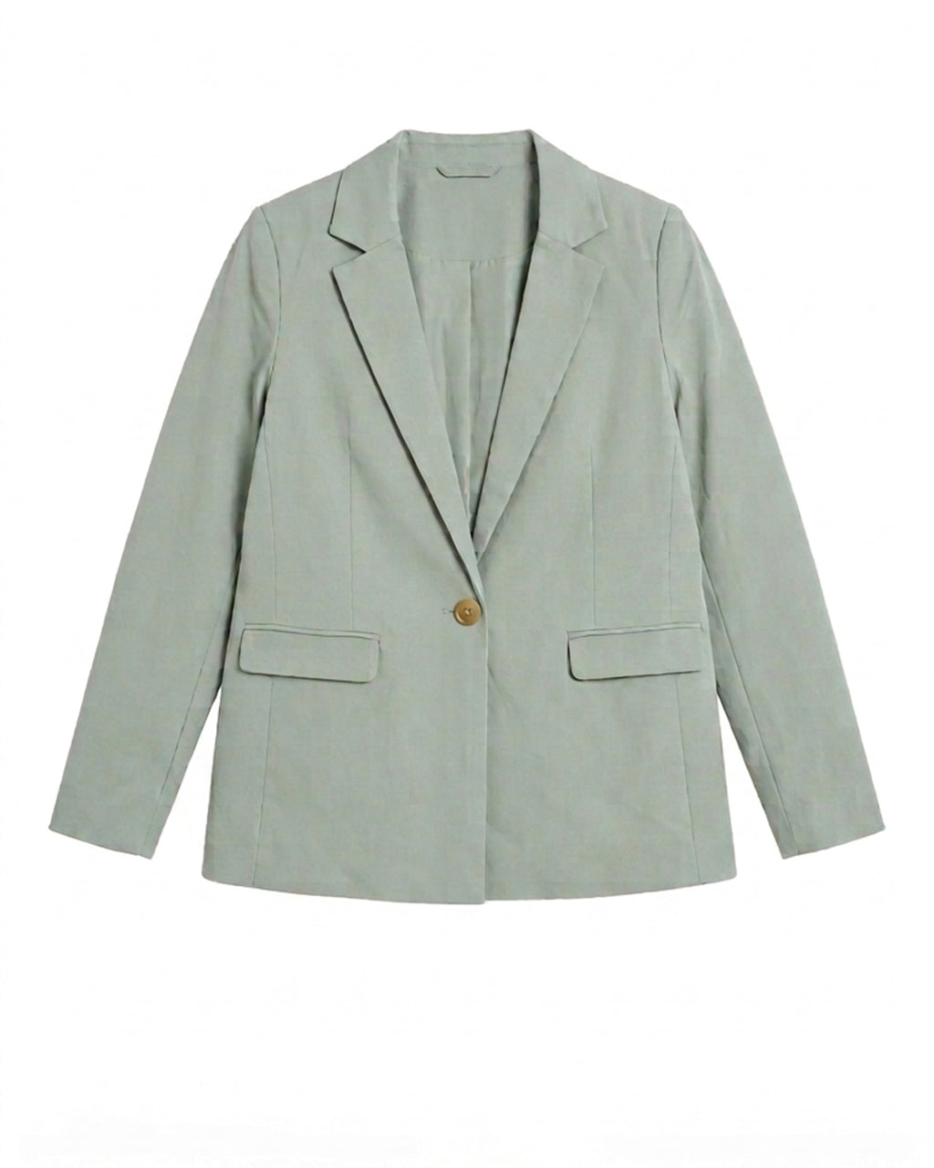 A light sage green blazer with notch lapels, flap pockets, and a single gold button, shown flat against a white background.