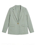 A light sage green blazer with notch lapels, flap pockets, and a single gold button, shown flat against a white background.