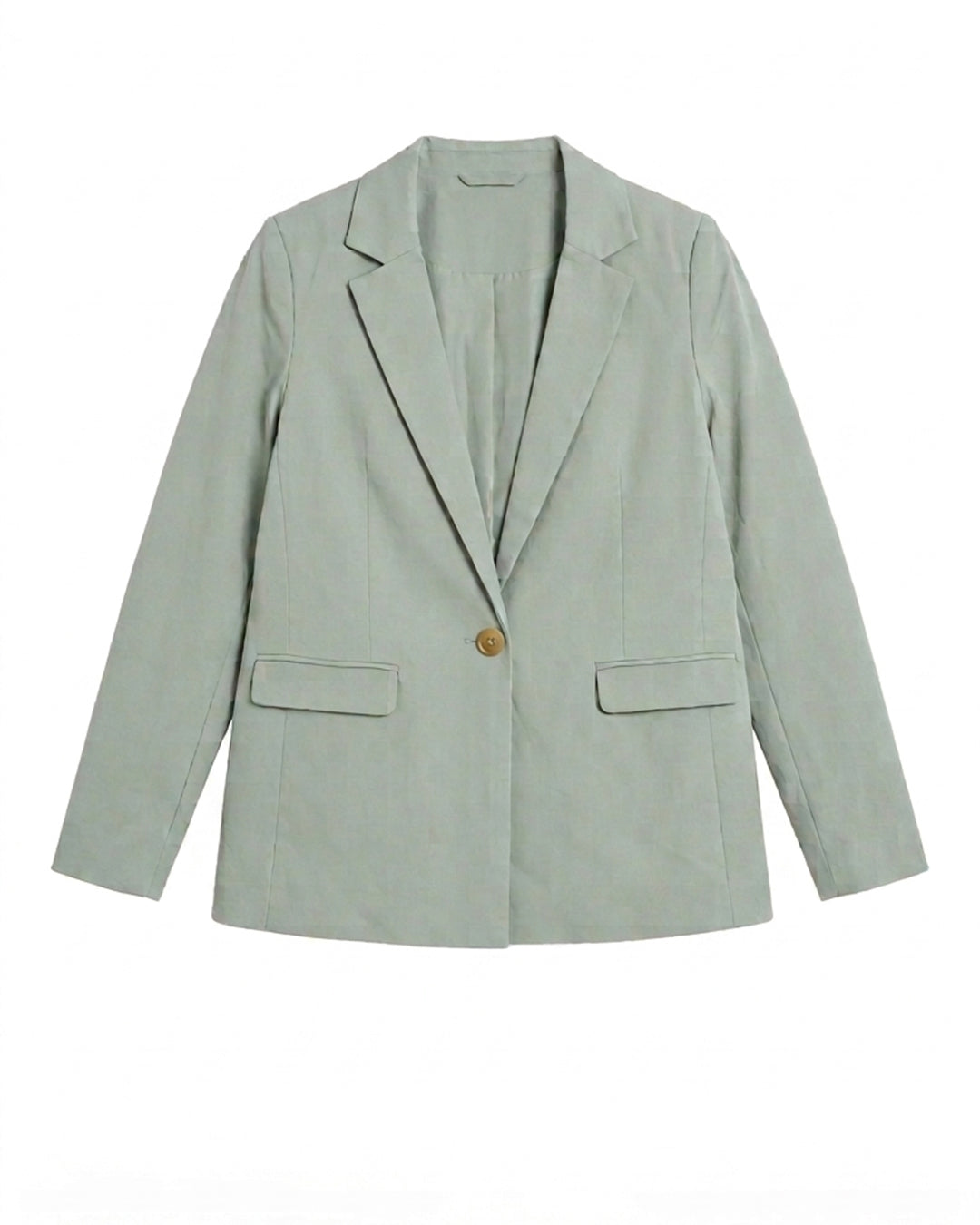 A light sage green blazer with notch lapels, flap pockets, and a single gold button, shown flat against a white background.