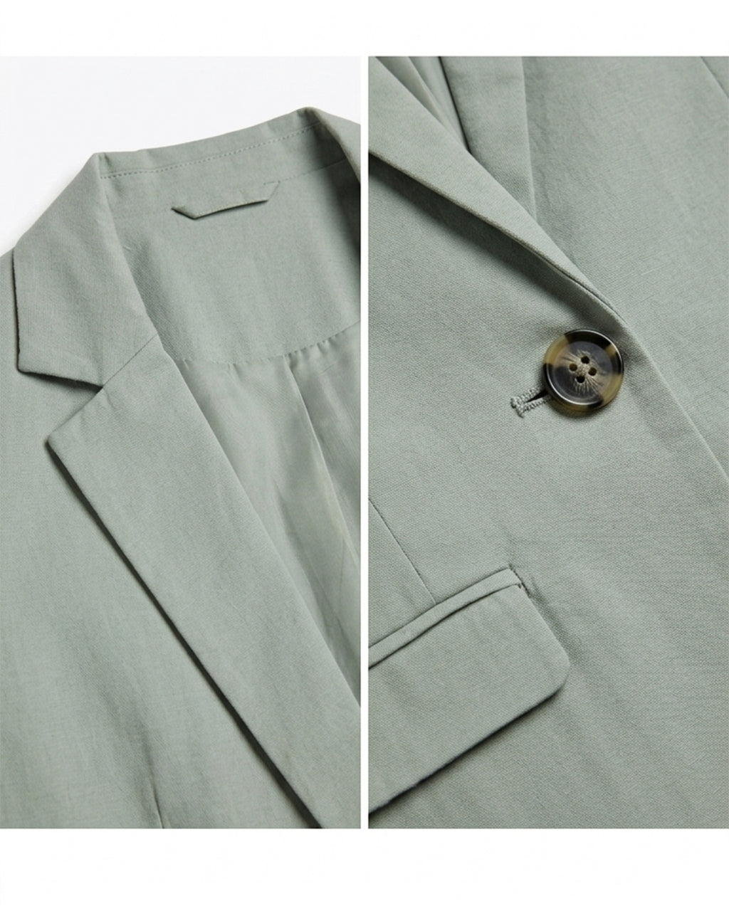 Close-up of a light sage green blazer showing the collar, lapels, and a single decorative button with a gold and brown tortoiseshell pattern.