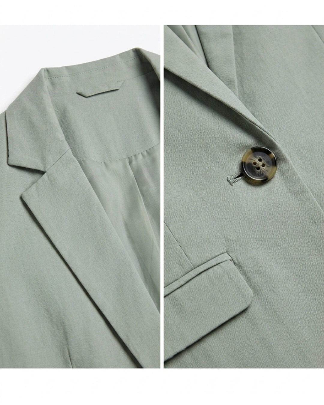 Close-up of a light sage green blazer showing the collar, lapels, and a single decorative button with a gold and brown tortoiseshell pattern.