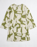 A long-sleeve tunic dress with an abstract geometric print in olive green and cream, laid flat against a light gray background.
