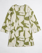 A long-sleeve tunic dress with an abstract geometric print in olive green and cream, laid flat against a light gray background.