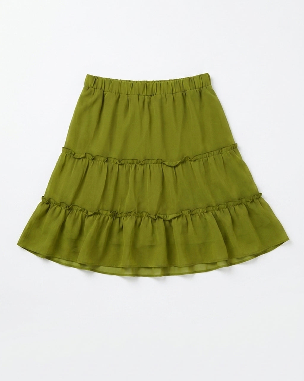 An olive green tiered skirt with an elastic waistband, laid flat against a white background.