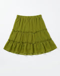 An olive green tiered skirt with an elastic waistband, laid flat against a white background.