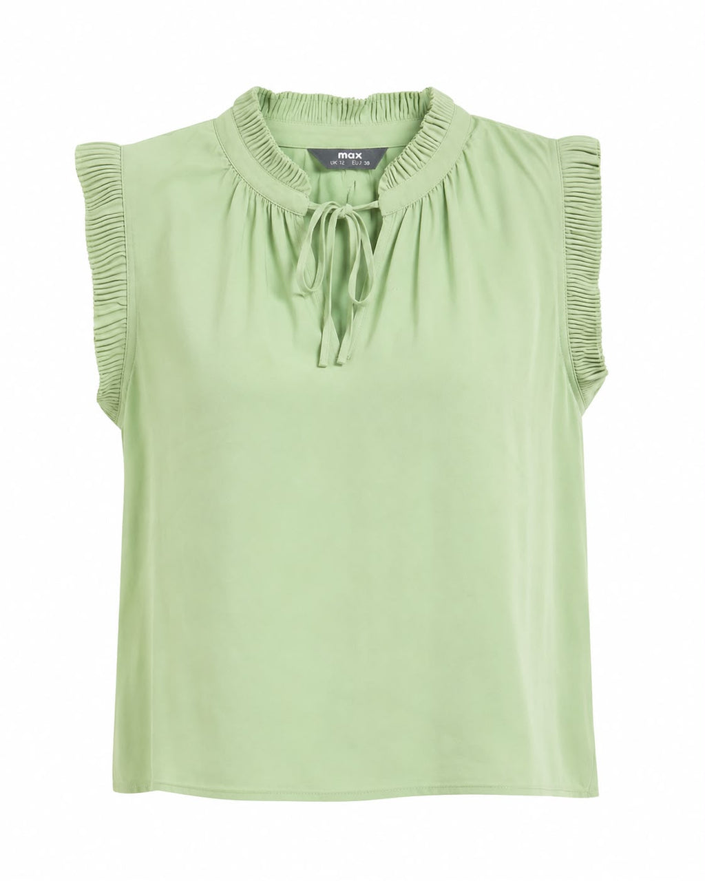 A light green sleeveless blouse with a ruffled mock neck, front tie detail, and ruffled cap sleeves, shown flat on a white background.