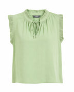 A light green sleeveless blouse with a ruffled mock neck, front tie detail, and ruffled cap sleeves, shown flat on a white background.