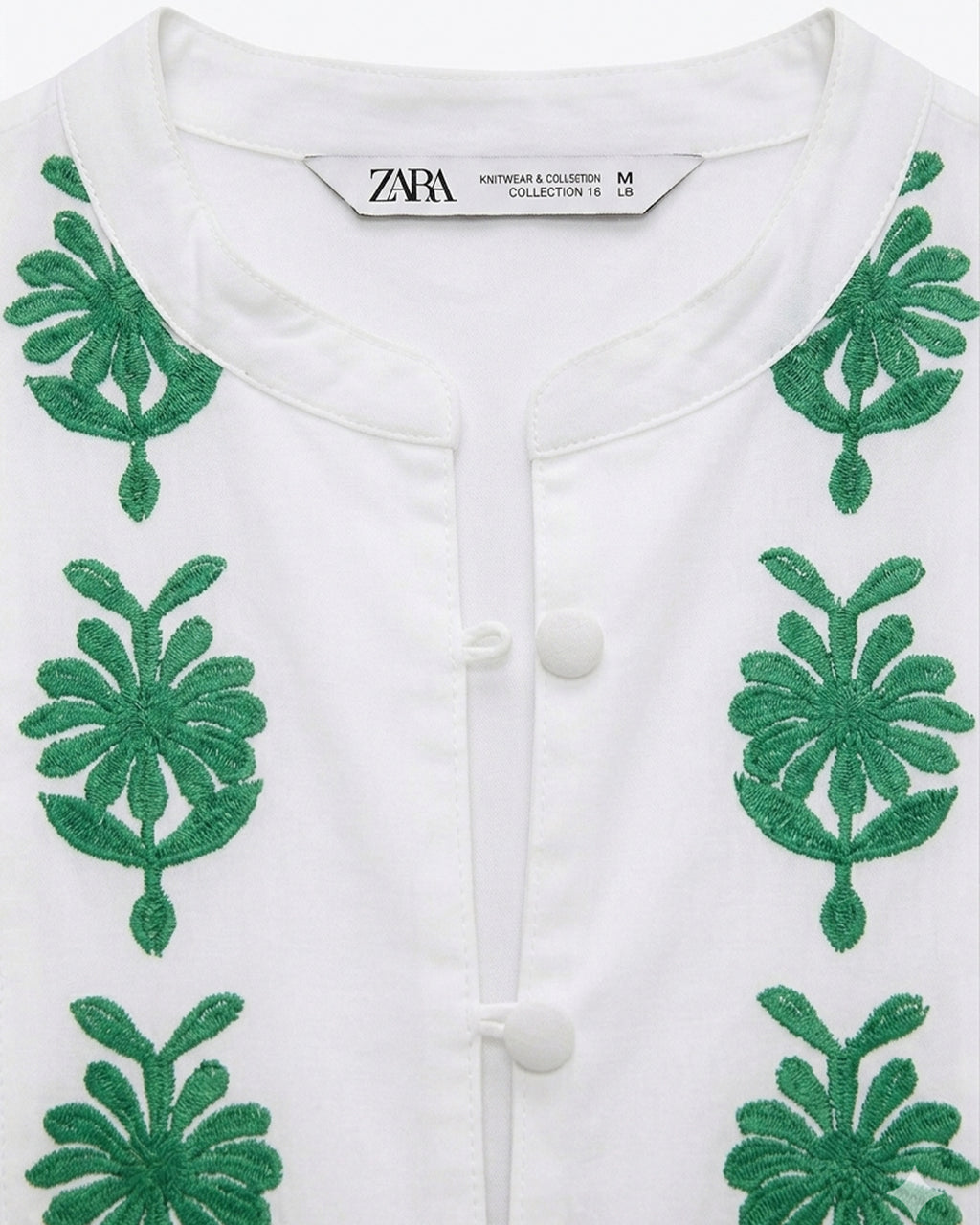 ZARA white embroidered cotton mini dress with green floral embroidery and long sleeves for women premium stock fashion KPT