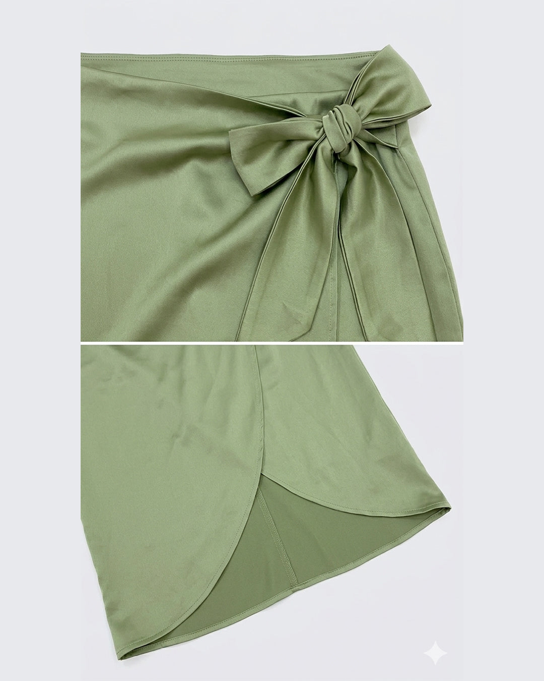 ZARA sage green wrap midi skirt with self-tie bow and elegant wrap front for women premium stock fashion KPT