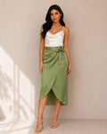 ZARA sage green wrap midi skirt with self-tie bow and elegant wrap front for women premium stock fashion KPT Egypt