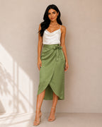 ZARA sage green wrap midi skirt with self-tie bow and elegant wrap front for women premium stock fashion KPT Egypt