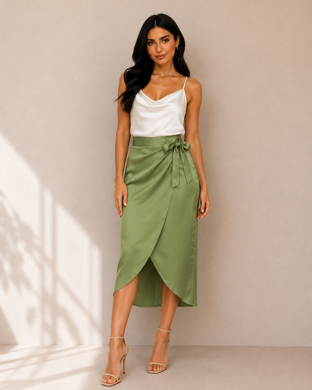 ZARA sage green wrap midi skirt with self-tie bow and elegant wrap front for women premium stock fashion KPT Egypt
