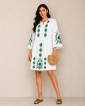 ZARA white embroidered cotton mini dress with green floral embroidery and long sleeves for women premium stock fashion KPT Egypt