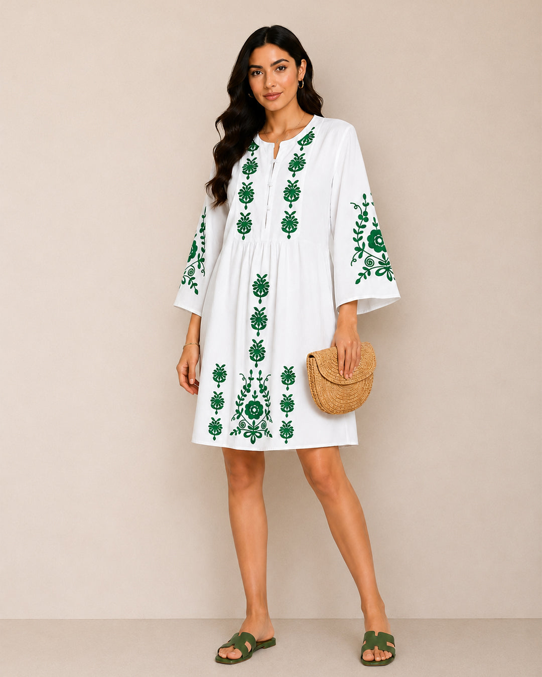 ZARA white embroidered cotton mini dress with green floral embroidery and long sleeves for women premium stock fashion KPT Egypt