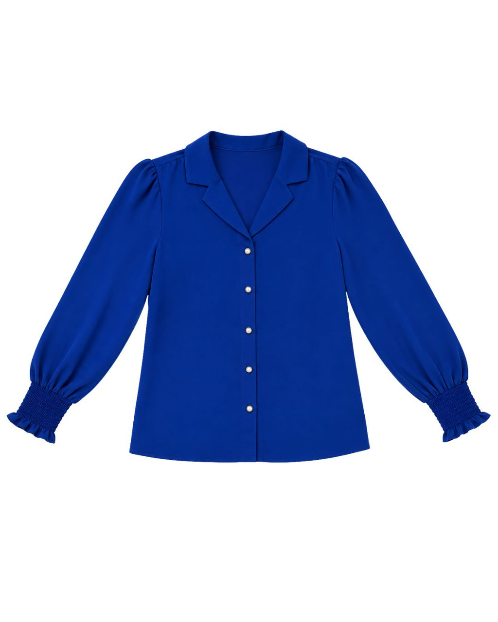 A royal blue long-sleeve blouse with a pointed collar, button-front closure, and gathered ruffled cuffs, shown flat against a plain white background.