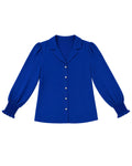 A royal blue long-sleeve blouse with a pointed collar, button-front closure, and gathered ruffled cuffs, shown flat against a plain white background.