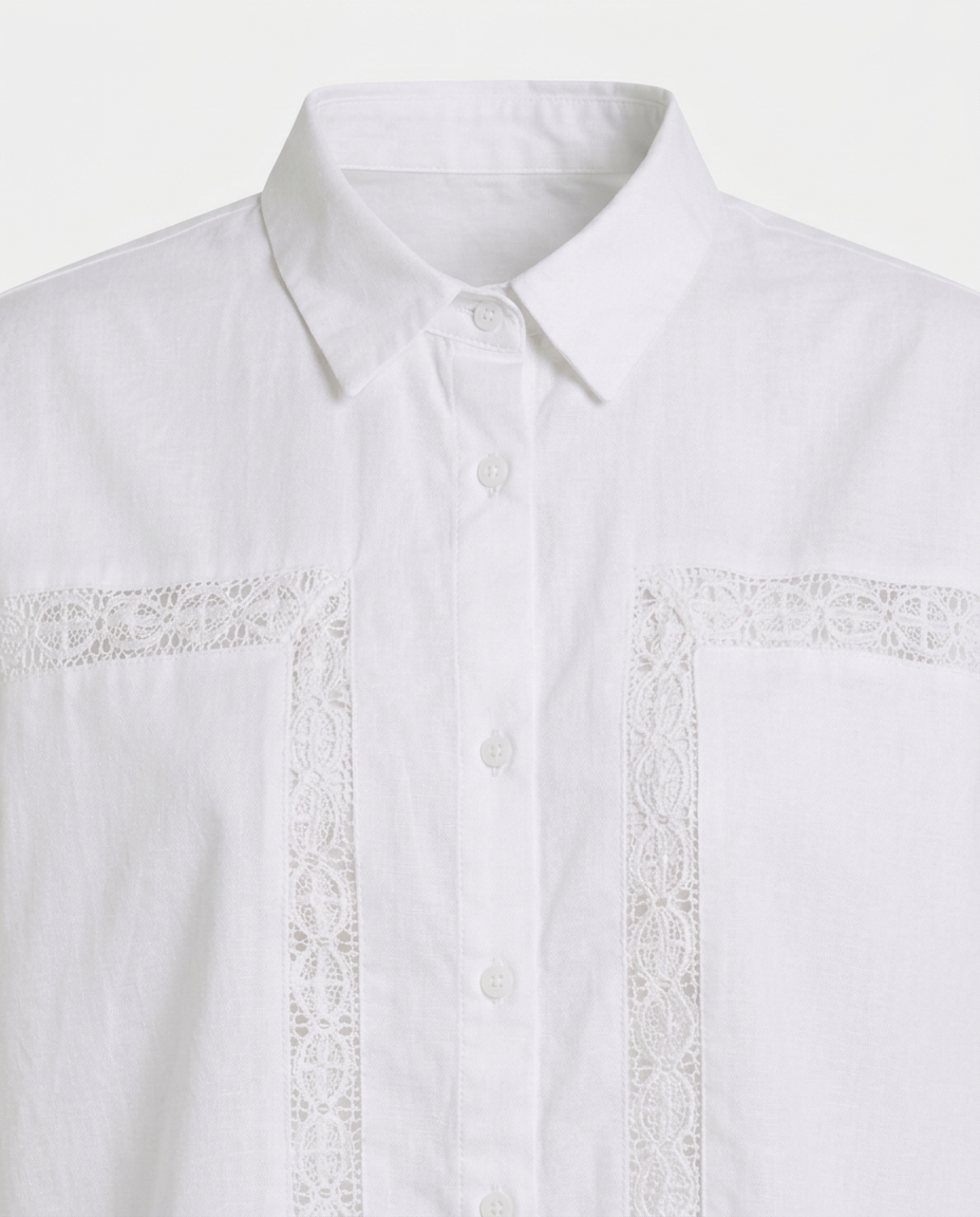 White long-sleeve button-up shirt with a pointed collar and decorative white lace trim running vertically on the chest pocket flaps.