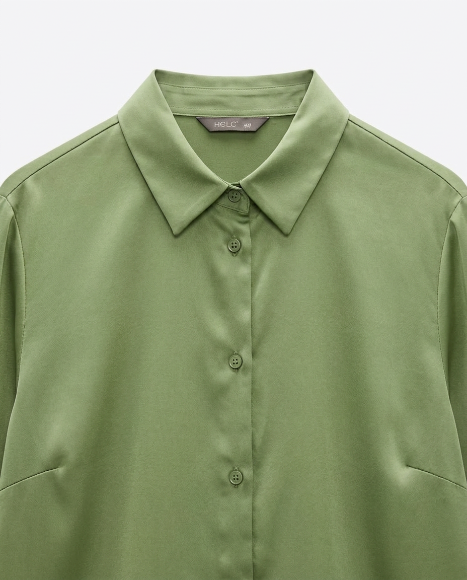 An olive green long-sleeve button-up shirt with a classic pointed collar, shown in a close-up view against a light gray background.