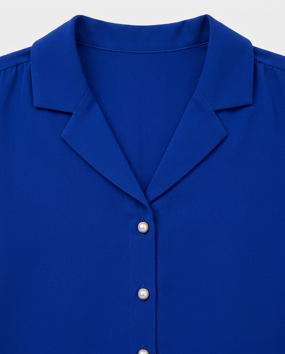 A close-up of a royal blue button-down shirt with a pointed collar and pearl-like buttons.